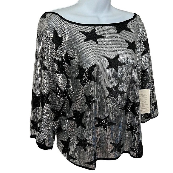 NEW Boston Proper Silver Black Star Sequin Top Blouse Size XXS - Picture 2 of 11